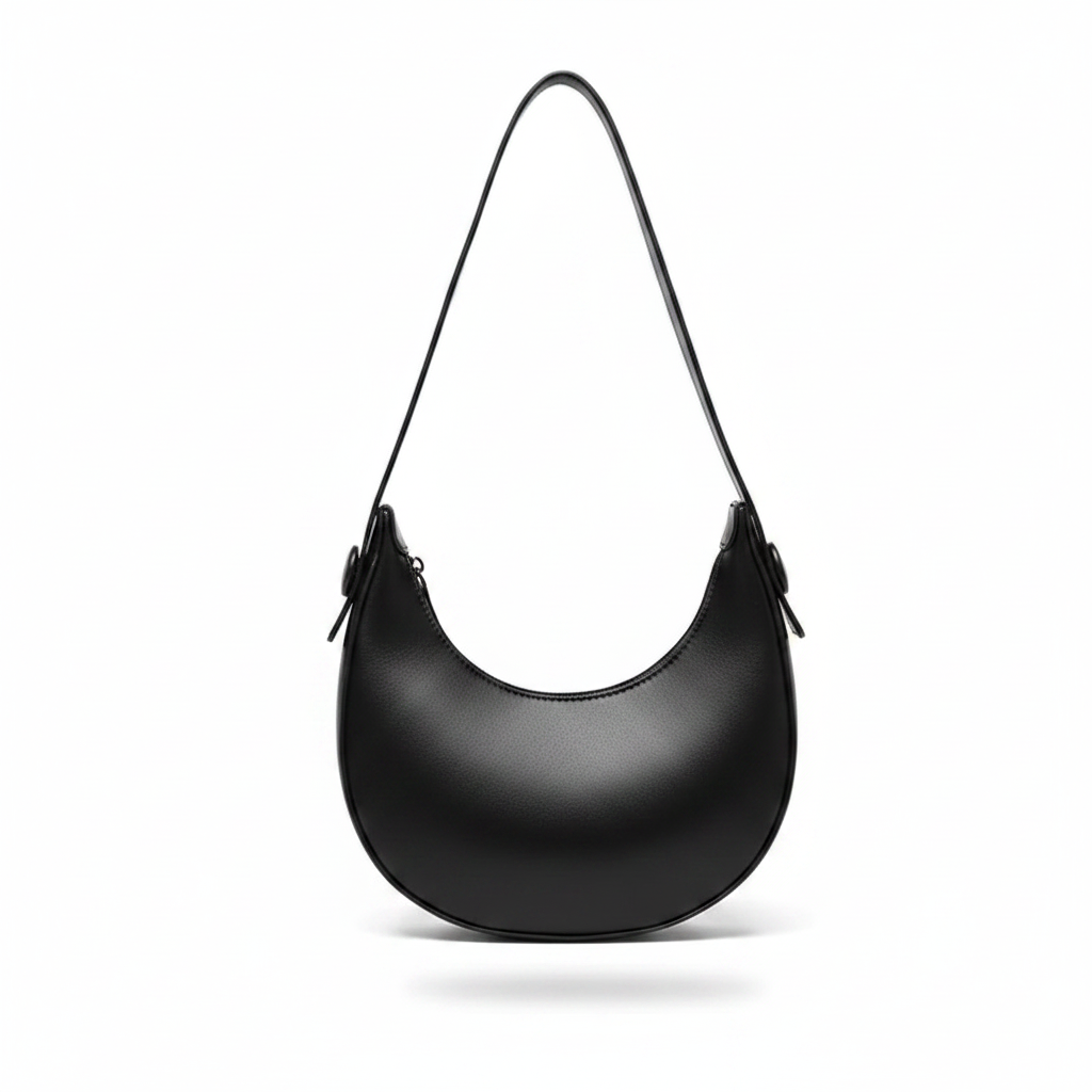 Black crescent shoulder bag on clean white background